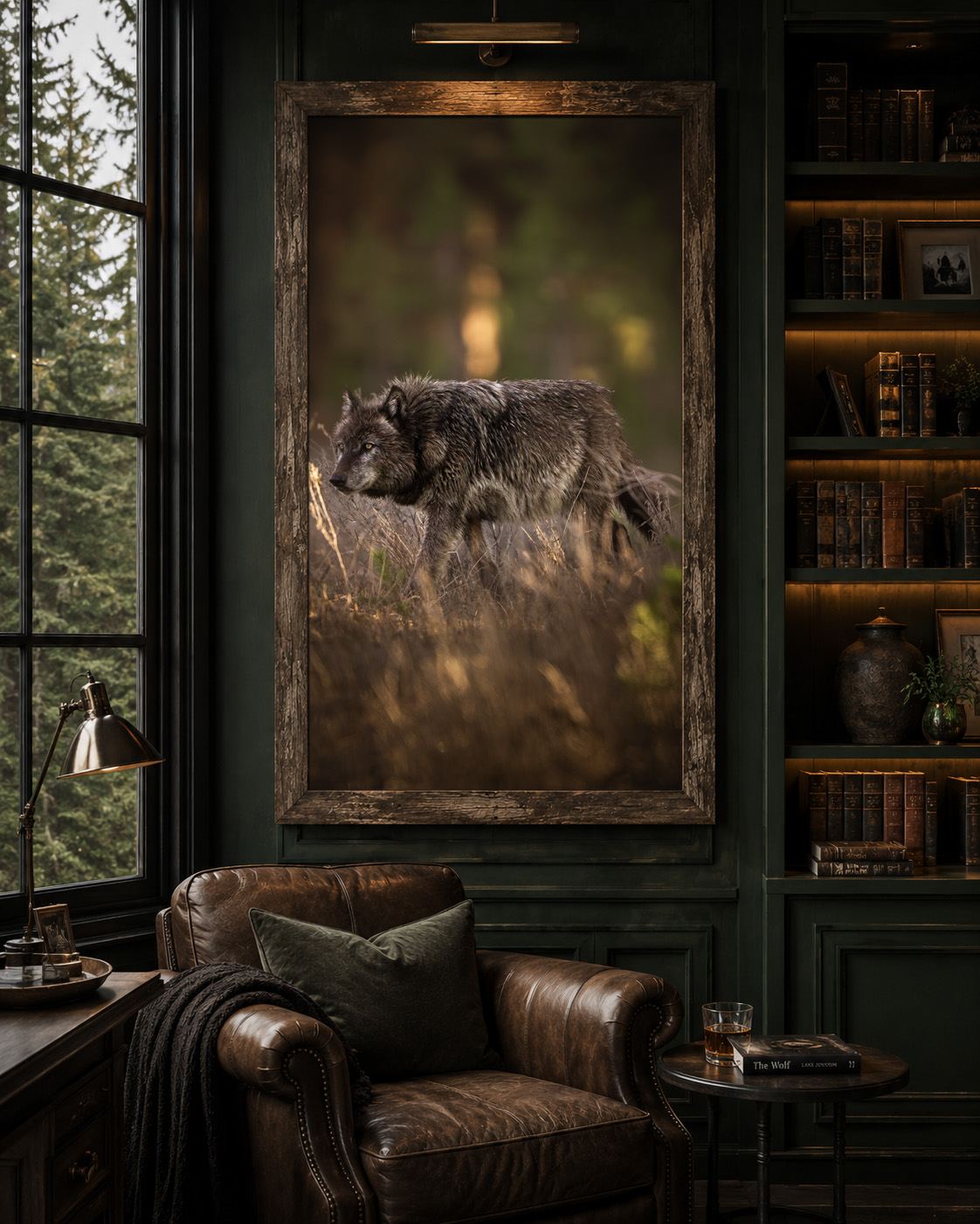 Vertical framed print in a reclaimed-wood frame of a black wolf mid-stride through tall grass at dusk, hung in a dark green-paneled study with a leather armchair.